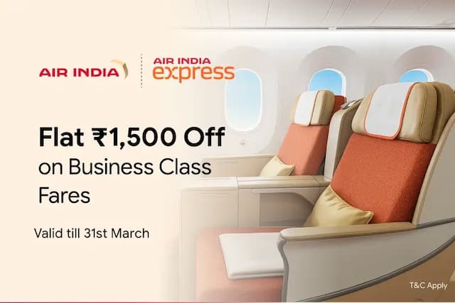 Flat ₹1,500 Off per Pax on Air India & Air India Express Business Class Fares Flat ₹1,500 Off per Pax on Air India & Air India Express Business Class Fares